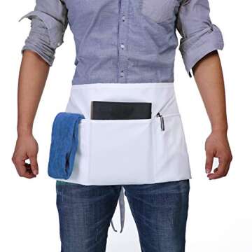 BOHARERS Waist Apron with 3 Pockets - White Waitress Waiter Server Short Apron