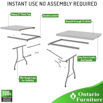 Ontario Furniture 6 Foot Plastic Folding Table - Folds in Half with Carrying Handle Rectangular - Lightweight and Portable - White Resin with Sturdy Steel Frame