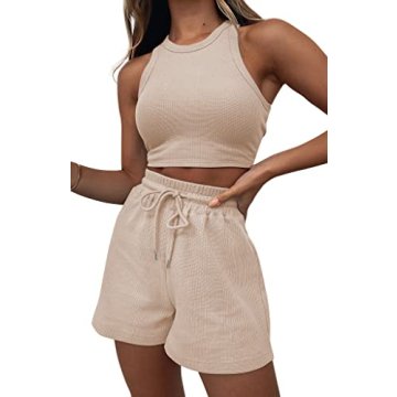 Lingswallow 2 Piece Women Lounge Sets - Sleeveless Crop Top and Shorts Waffle Lounge Set Tracksuits Sweatsuits for Women