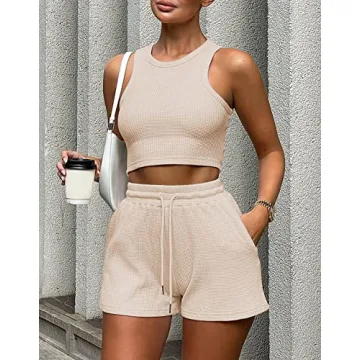 Lingswallow 2 Piece Women Lounge Sets - Sleeveless Crop Top and Shorts Waffle Lounge Set Tracksuits Sweatsuits for Women