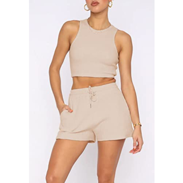 Lingswallow 2 Piece Women Lounge Sets - Sleeveless Crop Top and Shorts Waffle Lounge Set Tracksuits Sweatsuits for Women
