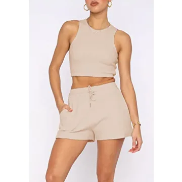 Lingswallow 2 Piece Women Lounge Sets - Sleeveless Crop Top and Shorts Waffle Lounge Set Tracksuits Sweatsuits for Women