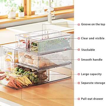Mano Fridge Drawer Pull Out Stackable Bins with Handle Clear Refrigerator Drawers Organizer Food Storage Container Box with Dividers Plastic Produce Saver for Pantry, Cabinet, Kitchen, Clothes（4Pack）