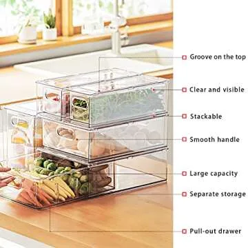 Mano Fridge Drawer Pull Out Stackable Bins with Handle Clear Refrigerator Drawers Organizer Food Storage Container Box with Dividers Plastic Produce Saver for Pantry, Cabinet, Kitchen, Clothes（4Pack）