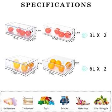 Mano Fridge Drawer Pull Out Stackable Bins with Handle Clear Refrigerator Drawers Organizer Food Storage Container Box with Dividers Plastic Produce Saver for Pantry, Cabinet, Kitchen, Clothes（4Pack）