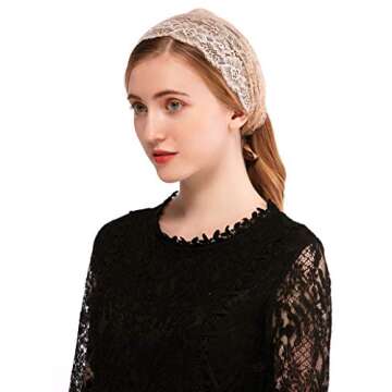 PAMOR Rose Lace Headband Kerchief Tie-style Floral Headwrap Latin Mass Head Covering Church Veil with Bobby Pins (Beige)