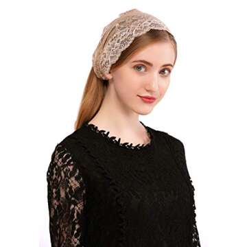 PAMOR Rose Lace Headband Kerchief Tie-style Floral Headwrap Latin Mass Head Covering Church Veil with Bobby Pins (Beige)