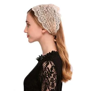 PAMOR Rose Lace Headband Kerchief Tie-style Floral Headwrap Latin Mass Head Covering Church Veil with Bobby Pins (Beige)