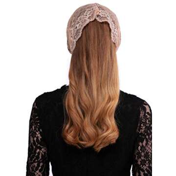 PAMOR Rose Lace Headband Kerchief Tie-style Floral Headwrap Latin Mass Head Covering Church Veil with Bobby Pins (Beige)