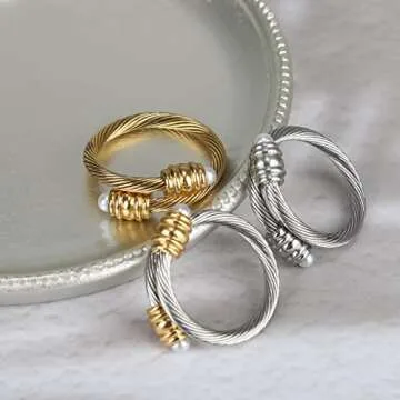 FOCUSTEEL Cable Ring, a Cuff Pearl Ring Designed to Fit Finger Circumference Between 70mm-90mm