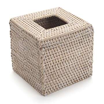 Rattan Tissue Box Cover Natural Woven Facial Napkin Holder Square (White, 5.5x5.5x5.9 Inch)