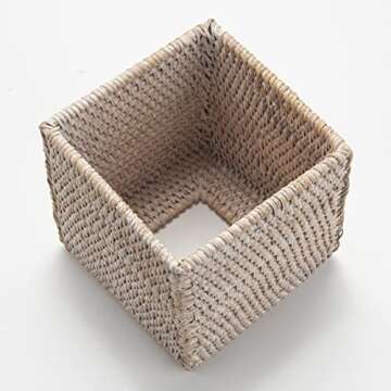Rattan Tissue Box Cover Natural Woven Facial Napkin Holder Square (White, 5.5x5.5x5.9 Inch)