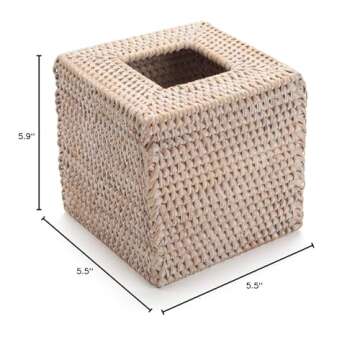 Rattan Tissue Box Cover Natural Woven Facial Napkin Holder Square (White, 5.5x5.5x5.9 Inch)