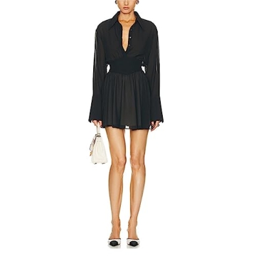 SUNSIOM Women's Summer Shirt Dress Long Sleeve Solid Color Turn-Down Collar A-line Dress Pleated Wai...