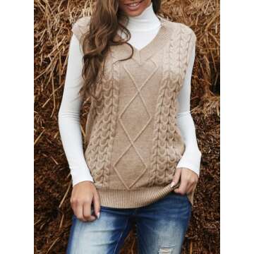 EVALESS Oversized Sweater Vest Women Cable Knit Sleeveless V Neck Sweaters Casual Loose Pullover Top...
