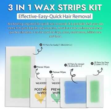 Waxkiss Wax Strips Kit for Women, Waxing Strips Kit for Hair Removal with 70 Counts Hypoallergenic Home Waxing Kit with Strips Brazilian Wax Strip 3 Sizes & 12 Pcs Prewax and Postwax Wipes
