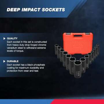 NEIKO 02476A 1/2" Impact Socket Set, 14 Piece 6 Point Impact Set, Standard Impact Socket Set, SAE Sizes (3/8-Inch to 1-1/14") Cr-V Steel, Deep Socket Set 1/2 Drive