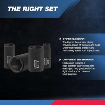 NEIKO 02476A 1/2" Impact Socket Set, 14 Piece 6 Point Impact Set, Standard Impact Socket Set, SAE Sizes (3/8-Inch to 1-1/14") Cr-V Steel, Deep Socket Set 1/2 Drive