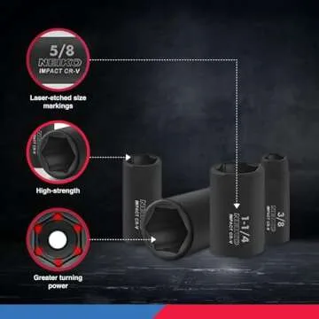 NEIKO 02476A 1/2" Impact Socket Set, 14 Piece 6 Point Impact Set, Standard Impact Socket Set, SAE Sizes (3/8-Inch to 1-1/14") Cr-V Steel, Deep Socket Set 1/2 Drive
