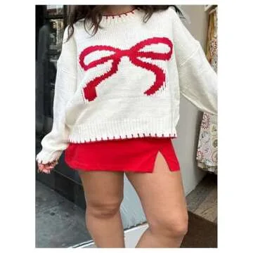 MakeMeChic Women's Plus Size Bow Print Crew Neck Sweater Long Sleeve Drop Shoulder Knit Pullover Top White 4X-Large Plus