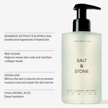 Salt & Stone Face Wash for Women & Men, Spirulina & Yuzu Gentle Facial Cleanser, Makeup Remover Pore Minimizer with Hyaluronic Acid, Squalane, Skin Care for All Skin Types, Vegan, Cruelty Free, 7.2 oz