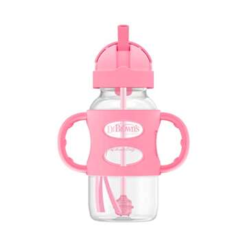 Dr. Brown's Milestones Wide-Neck Sippy Straw Bottle with 100% Silicone Handles and Weighted Straw, 9 oz/270 mL, Pink, 6m+