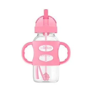Dr. Brown's Milestones Wide-Neck Sippy Straw Bottle with 100% Silicone Handles and Weighted Straw, 9 oz/270 mL, Pink, 6m+