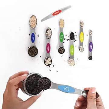 Multicolor Magnetic Measuring Spoons Set with Leveler - Stainless Steel, Stackable, Fits Spice Jars - For Baking Kitchen