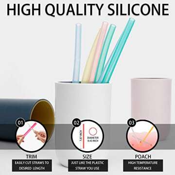 12 Pcs Eco Friendly Silicone Straws with 2 cleaning Brushes,Reusable Silicone Drinking Straws,for 20oz Tumblers,Yeti, Ozark, (Pure Multicolor, 7.87 inches)