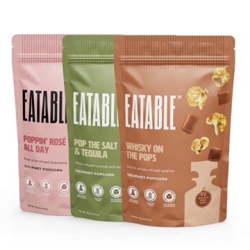 Eatable Top Shelf Trio: Pack of 3 (4.4 Oz) Non-GMO Gourmet Caramel Popcorn Bags - Whiskey, Rosé, Te...