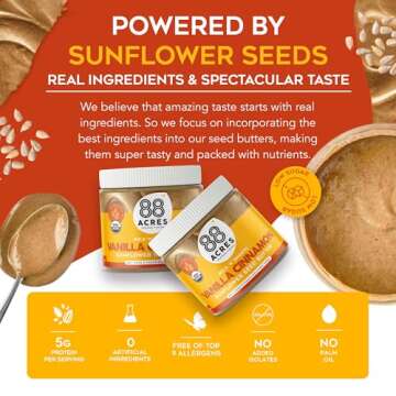 88 Acres Organic Sunflower Seed Butter | Vanilla Cinnamon | Keto-Friendly, Vegan, Gluten Free, Dairy Free, Nut-Free Non GMO Seed Butter Spread | 2 Pack, 14 oz