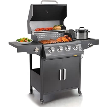 Propane Gas Grill 4 Burners with Side Burner Freestanding Grill Cart with Wheels for Outdoor Garden ...