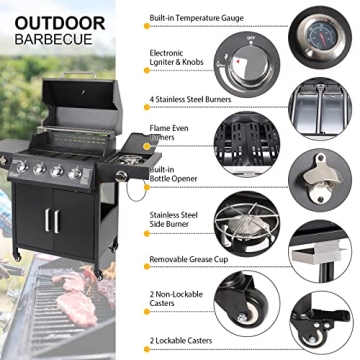 Propane Gas Grill 4 Burners with Side Burner Freestanding Grill Cart with Wheels for Outdoor Garden Cooking Barbecue Grill, Black