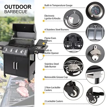 Propane Gas Grill 4 Burners with Side Burner Freestanding Grill Cart with Wheels for Outdoor Garden Cooking Barbecue Grill, Black