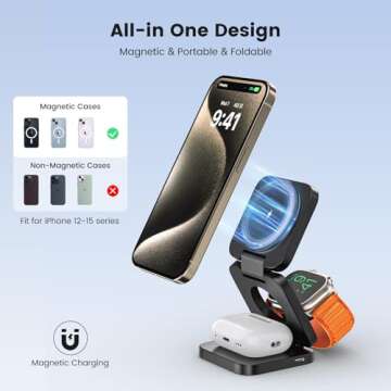 Alilong 3 in 1 Charging Station for Apple, Mag-Safe Portable Charger Dock, Foldable Travel Charger f...
