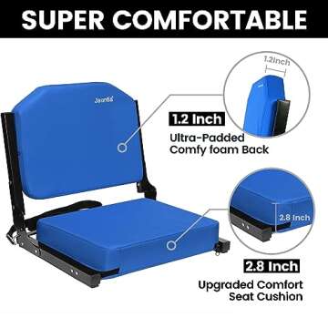 Jauntis Stadium Seats for Bleachers, Bleacher Seats with Ultra Padded Comfy Foam Backs and Cushion, Wide Portable Stadium Chairs with Back Support and Shoulder Strap, 1 Pack, Blue