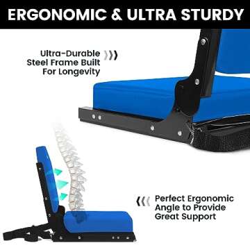 Jauntis Stadium Seats for Bleachers, Bleacher Seats with Ultra Padded Comfy Foam Backs and Cushion, Wide Portable Stadium Chairs with Back Support and Shoulder Strap, 1 Pack, Blue