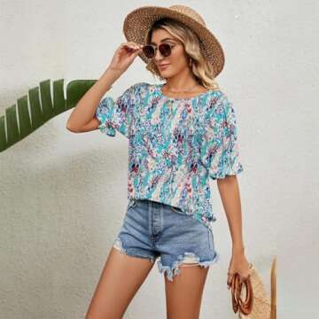 Zeagoo Shirts for Women Cute Floral Printed Tunic Tops Blue Short Sleeve Crewneck Spring Blouse Casual