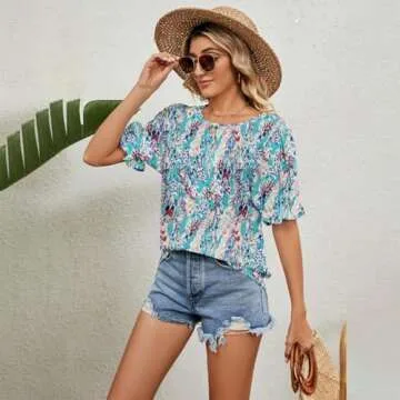 Zeagoo Shirts for Women Cute Floral Printed Tunic Tops Blue Short Sleeve Crewneck Spring Blouse Casual