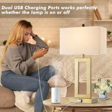 gernehop Gold Table Lamps Set of 2 with Dual USB Ports,3-Way Dimmable Touch Control Bedside Lamps,22inch Tall Modern Bedroom Table Lamp for Living Room,Nightstand LED Bulbs Included