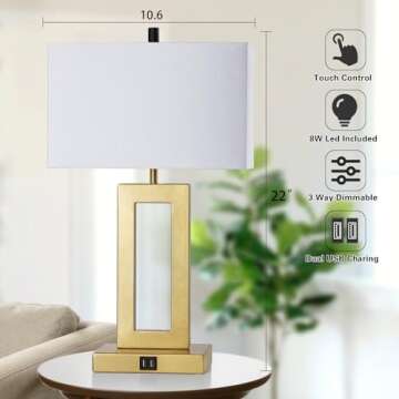 gernehop Gold Table Lamps Set of 2 with Dual USB Ports,3-Way Dimmable Touch Control Bedside Lamps,22inch Tall Modern Bedroom Table Lamp for Living Room,Nightstand LED Bulbs Included