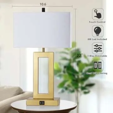 gernehop Gold Table Lamps Set of 2 with Dual USB Ports,3-Way Dimmable Touch Control Bedside Lamps,22inch Tall Modern Bedroom Table Lamp for Living Room,Nightstand LED Bulbs Included