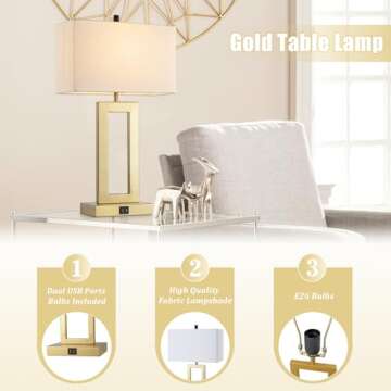 gernehop Gold Table Lamps Set of 2 with Dual USB Ports,3-Way Dimmable Touch Control Bedside Lamps,22inch Tall Modern Bedroom Table Lamp for Living Room,Nightstand LED Bulbs Included