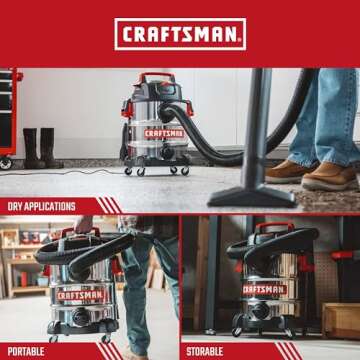 CRAFTSMAN CMXEVBE17155 10 Gallon 6.0 Peak HP Stainless Steel Wet Dry Vac, Portable Shop Vacuum Wet and Dry with Filter, Hose and Attachments for Home and Garage Use