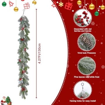 Durable 8.6Ft Christmas Garland with Red Berries and Pinecones