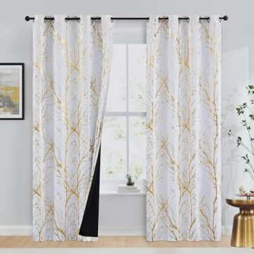 FMFUNCTEX 100% Blackout Gold Curtains for Bedroom, Curtains 96 Inches Long Tree Branch Thermal Curta...