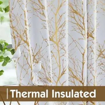 FMFUNCTEX 100% Blackout Gold Curtains for Bedroom, Curtains 96 Inches Long Tree Branch Thermal Curtain Drapes for Living Room Darkening, Farmhouse Window Curtains Grommet Top 2 Panels
