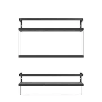 RICHER HOUSE 2+1 Tier Wall Mounted Floating Shelves Set of 2, Rustic Wood Wall Shelf with Metal Frame, Extra Storage Rack for Bathroom, Kitchen, Bedroom with Tissue Rack & Towel Bar - Black