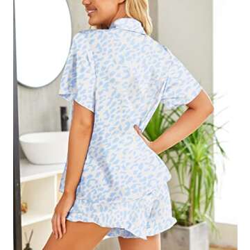 HOTOUCH Womens Pajama Sets Button Up Silk Pjs Short Sleeve Lounge Set Sexy Lingerie Ruffle Bridal Pj Blue Leopard S