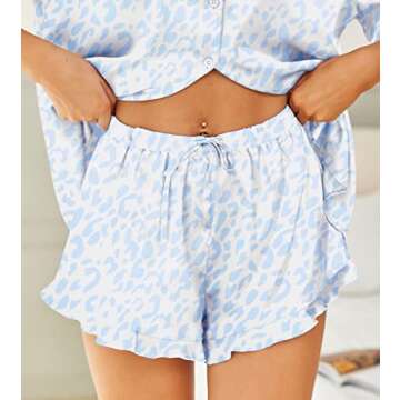 HOTOUCH Womens Pajama Sets Button Up Silk Pjs Short Sleeve Lounge Set Sexy Lingerie Ruffle Bridal Pj Blue Leopard S